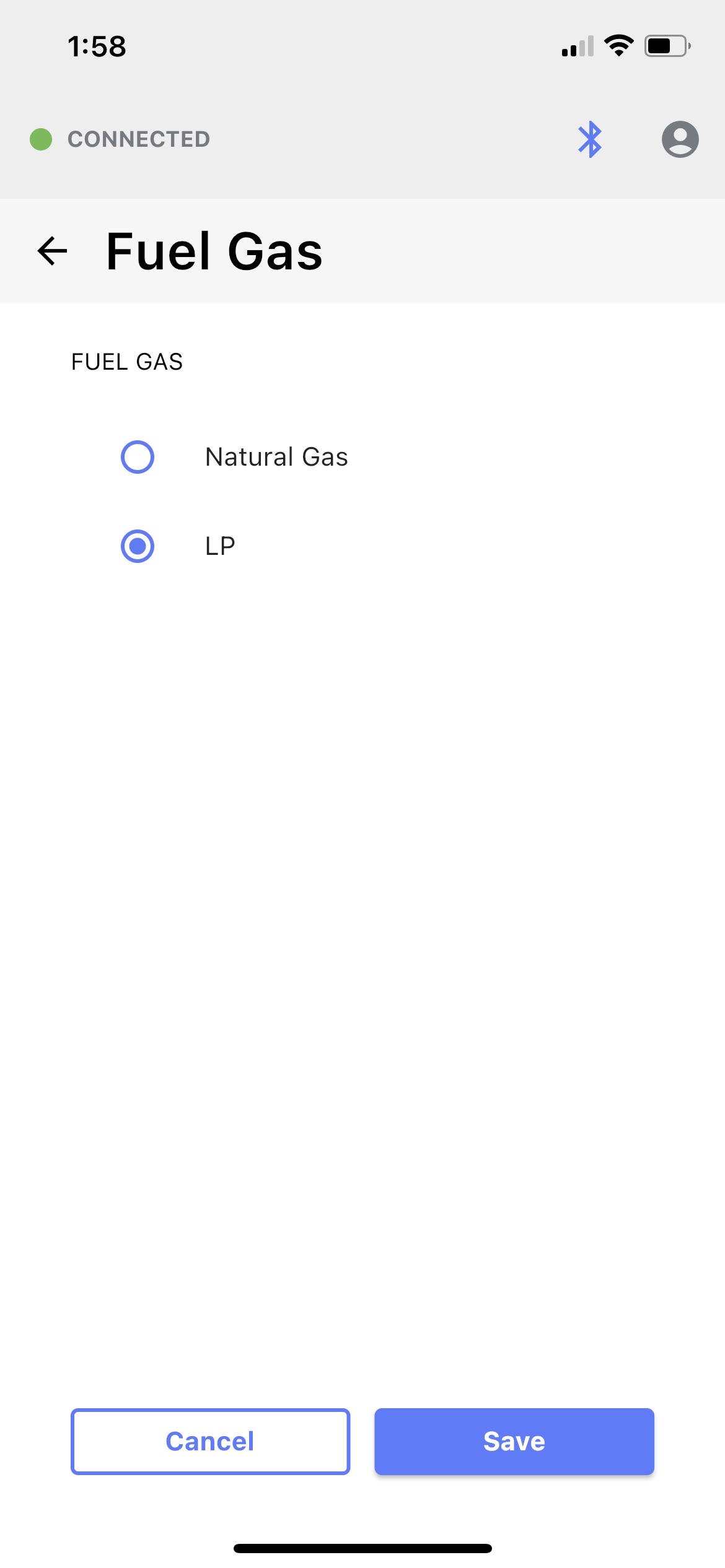 USB Connect Fuel Gas Selection in app