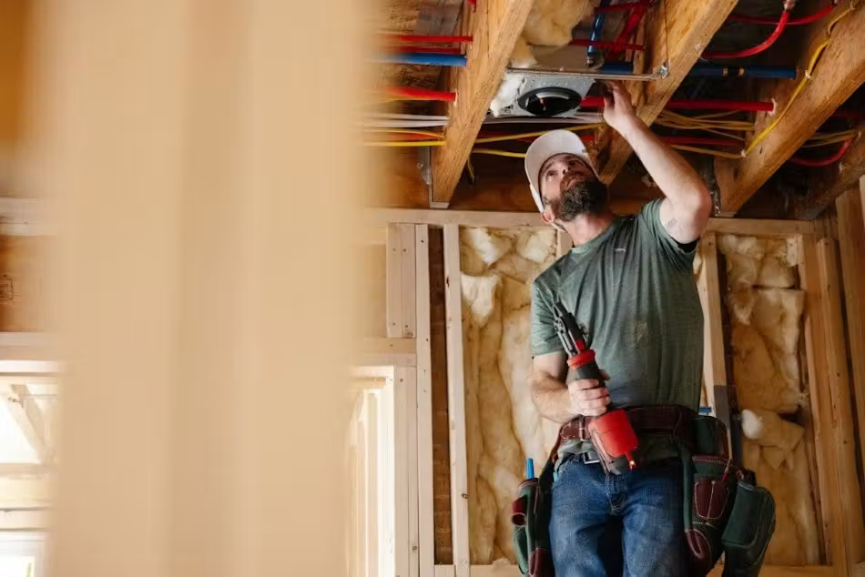 Contractor installing radiant tubing during renovation