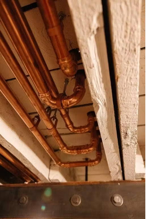 Exposed copper piping in the basement